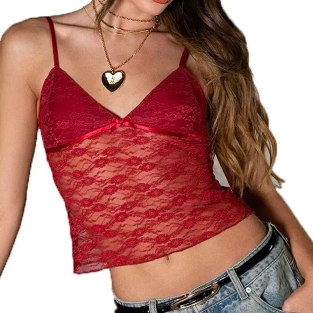 SHEIN Red Lace Camisole Cami Tank Top, Sz S